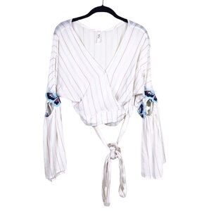 Libby Story Ivory Striped Embroidered Butterfly Bell Sleeve Wrap Top Size S